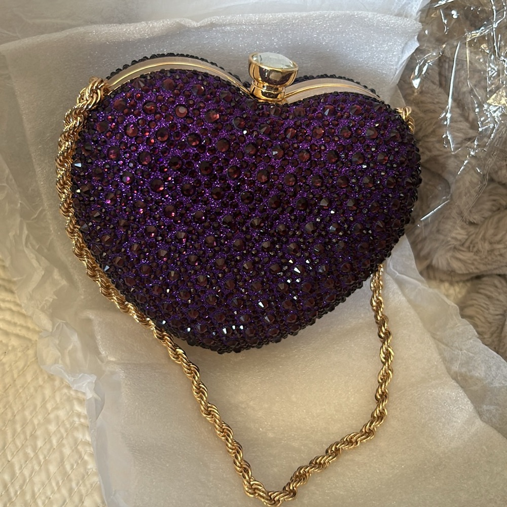 Purple Heart Shaped Rhinestone Inlaid, Metal Chain Strap Handbag / Clutch - Picture 14 of 15